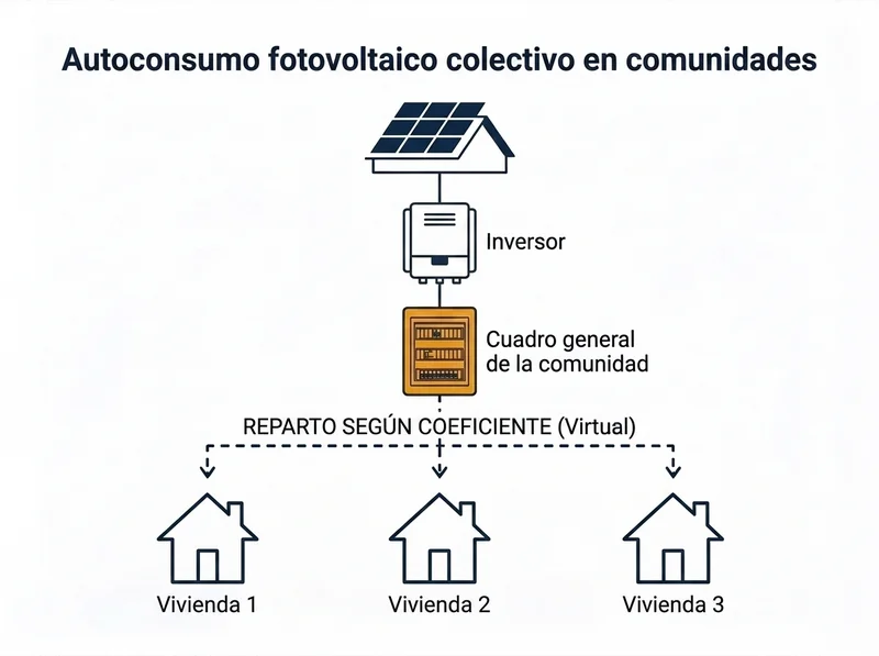 Esquema del autoconsumo fotovoltaico colectivo en comunidades: paneles solares conectados al inversor y al cuadro general del edificio, con reparto virtual de la producción entre viviendas según el coeficiente acordado