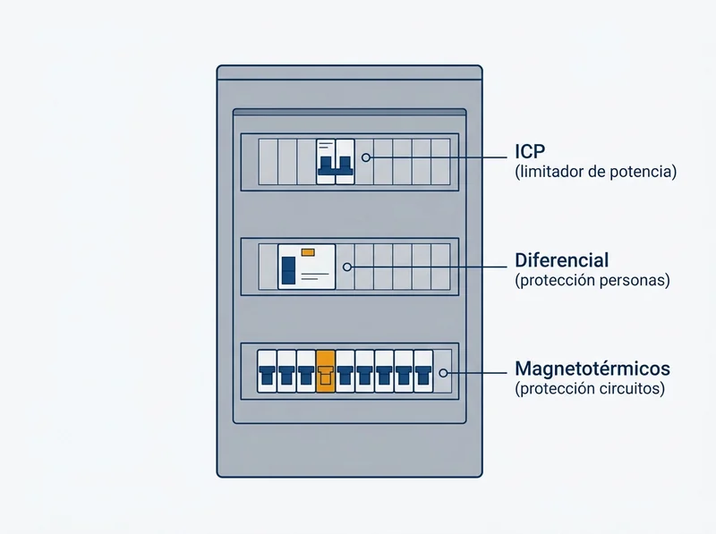 Diagrama de los tres elementos principales de un cuadro eléctrico moderno: ICP o limitador de potencia, diferencial de protección de personas y magnetotérmicos de protección de circuitos