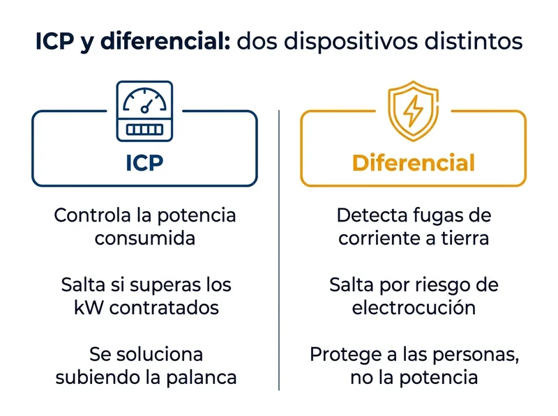 Comparativa entre el ICP y el diferencial: el ICP controla la potencia consumida y salta al superar los kW contratados, mientras que el diferencial detecta fugas de corriente a tierra y protege a las personas frente al riesgo de electrocución