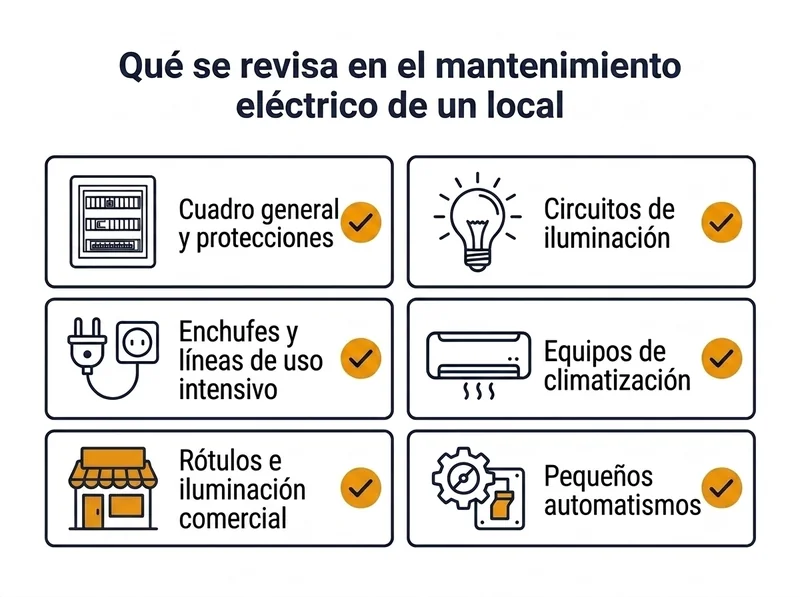 Checklist de qué se revisa en el mantenimiento eléctrico de un local comercial: cuadro general y protecciones, circuitos de iluminación, enchufes y líneas de uso intensivo, equipos de climatización, rótulos comerciales y pequeños automatismos