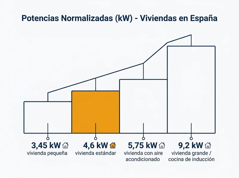 Gráfico de escalera con los tramos de potencia eléctrica contratada en España: 3,45 kW, 4,6 kW, 5,75 kW y 9,2 kW, de menor a mayor demanda