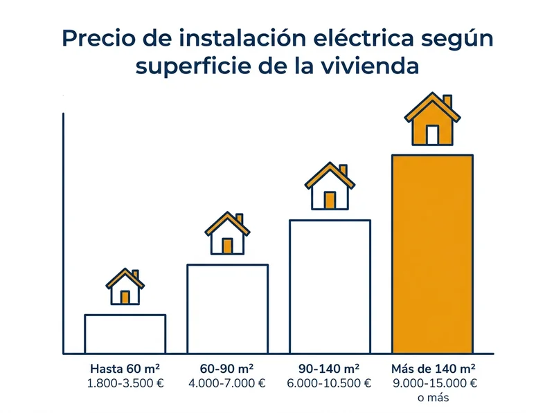 Gráfico de barras del precio de instalación eléctrica según superficie de la vivienda: de 1.800-3.500 euros hasta 60 m² a 9.000-15.000 euros o más en viviendas de más de 140 m²