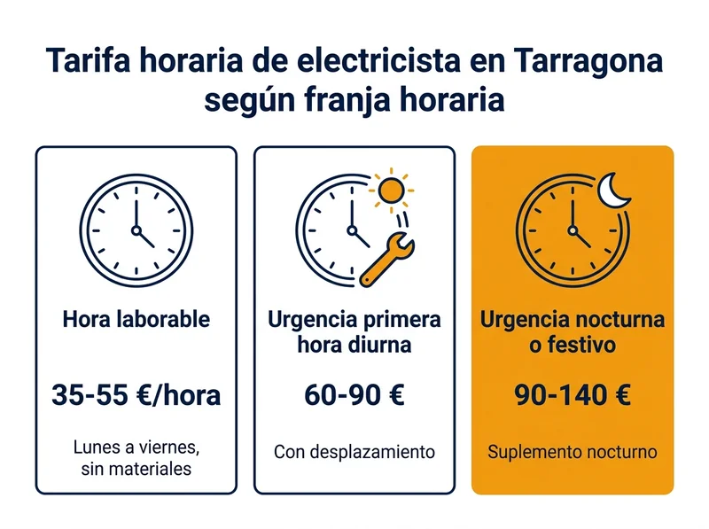 Comparativa de tarifas horarias de electricista en Tarragona según franja: 35-55 euros/hora en horario laboral, 60-90 euros en urgencia de primera hora diurna, 90-140 euros en urgencia nocturna o festiva