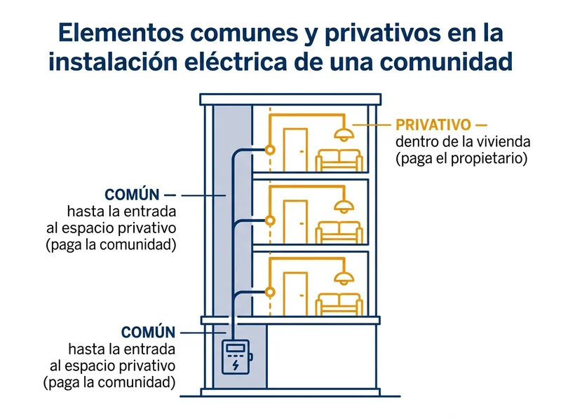 Diagrama de la frontera entre elementos comunes y privativos en la instalación eléctrica de una comunidad: la canalización troncal hasta la entrada de cada vivienda es común y la paga la comunidad, lo que hay dentro de la vivienda es privativo y lo paga el propietario