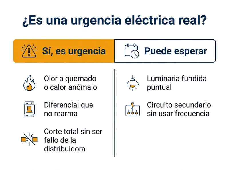 Comparativa de qué es una urgencia eléctrica real (olor a quemado, diferencial que no rearma, corte total sin fallo de la distribuidora) frente a lo que puede esperar (luminaria fundida puntual, circuito secundario sin uso frecuente)